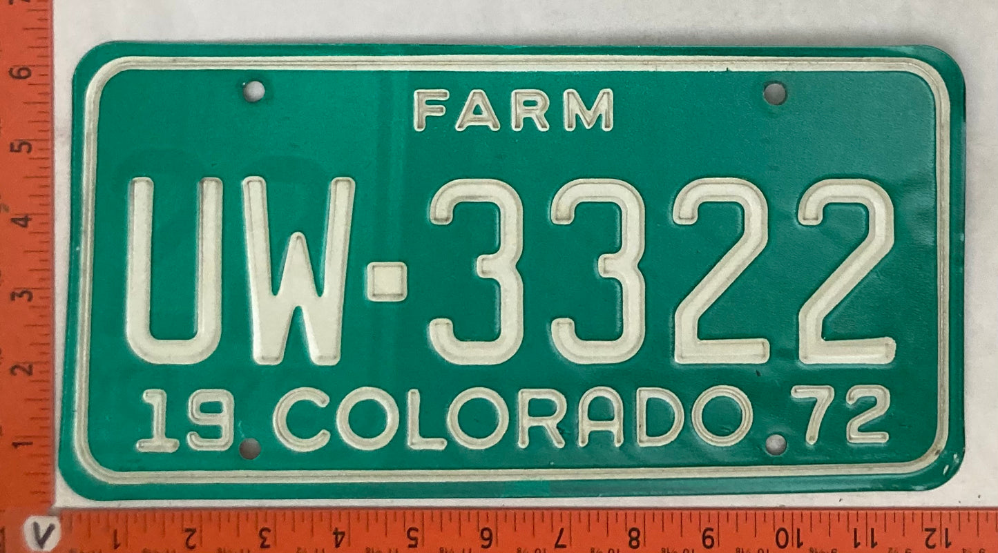 1972 Colorado #UW-3322 License Plate (Farm Vehicle)