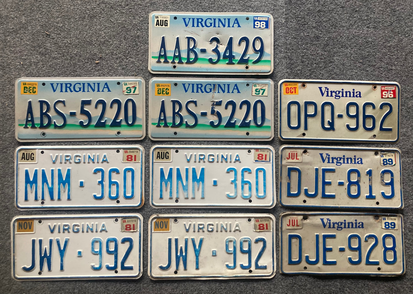 Group of 10 Virginia license plates (Crafter)