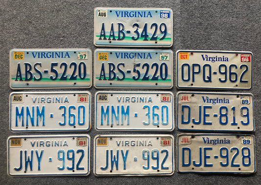 Group of 10 Virginia license plates (Crafter)
