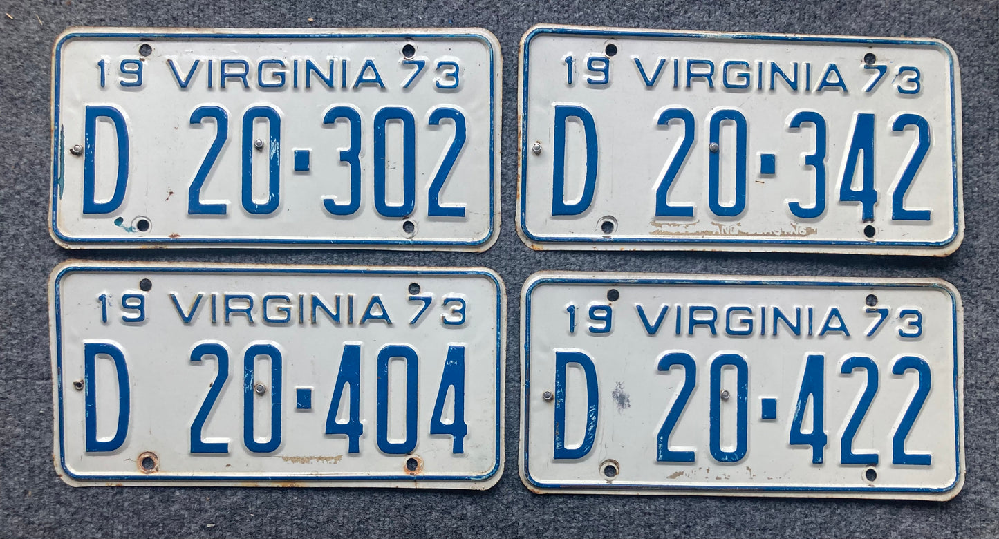 Group of 4 Virginia 1973 DEALER license plates (Crafter)