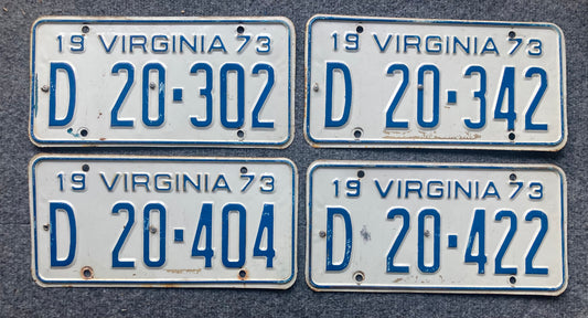 Group of 4 Virginia 1973 DEALER license plates (Crafter)