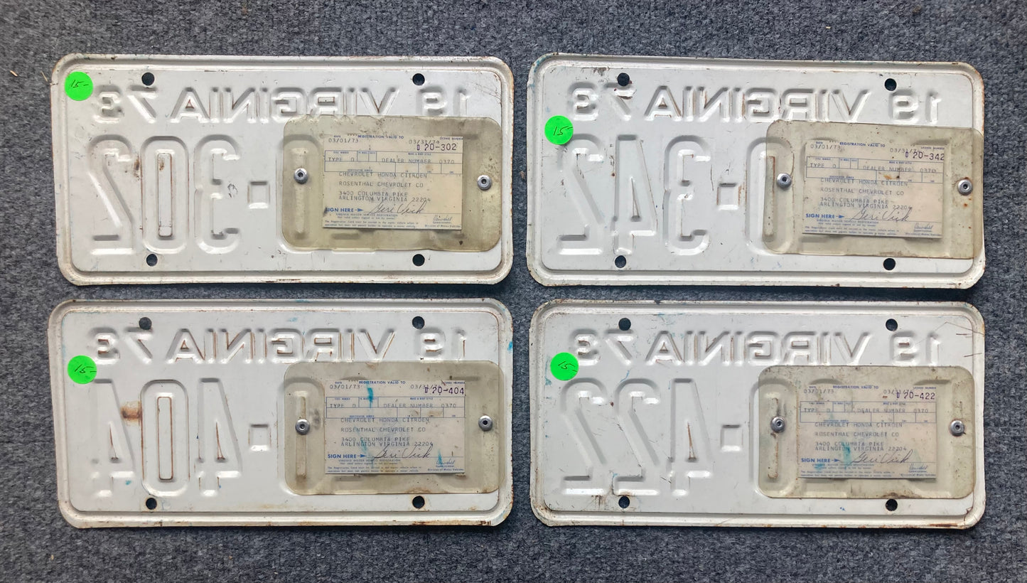 Group of 4 Virginia 1973 DEALER license plates (Crafter)