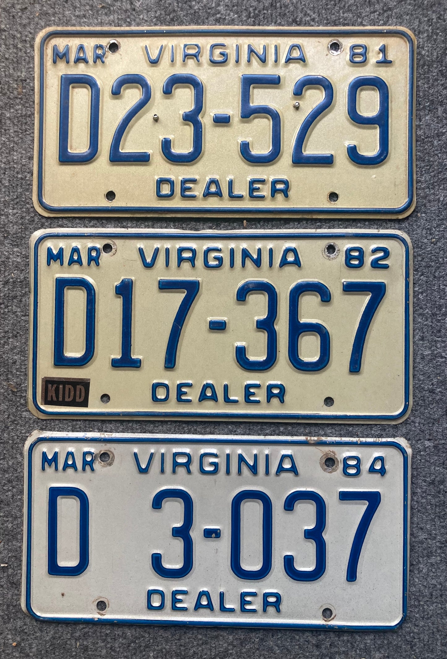 Group of 3 Virginia DEALER license plates  1981, 1982 & 1983 (Crafter)