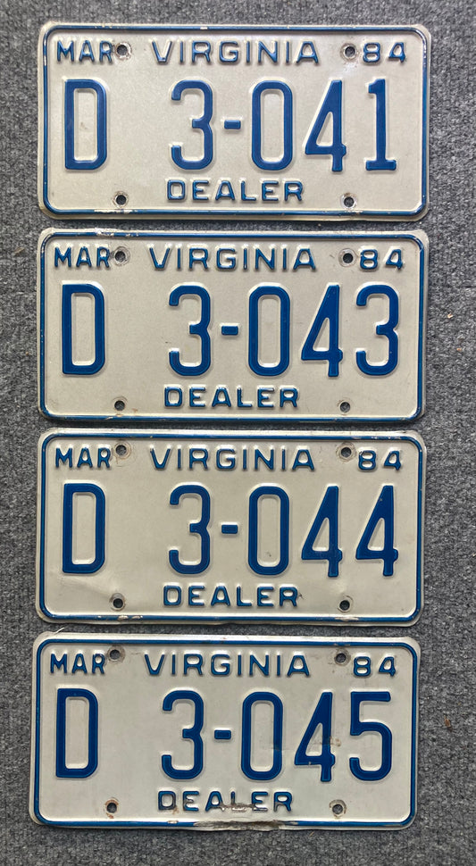 Group of 4 Virginia 1984 DEALER license plates (Crafter)