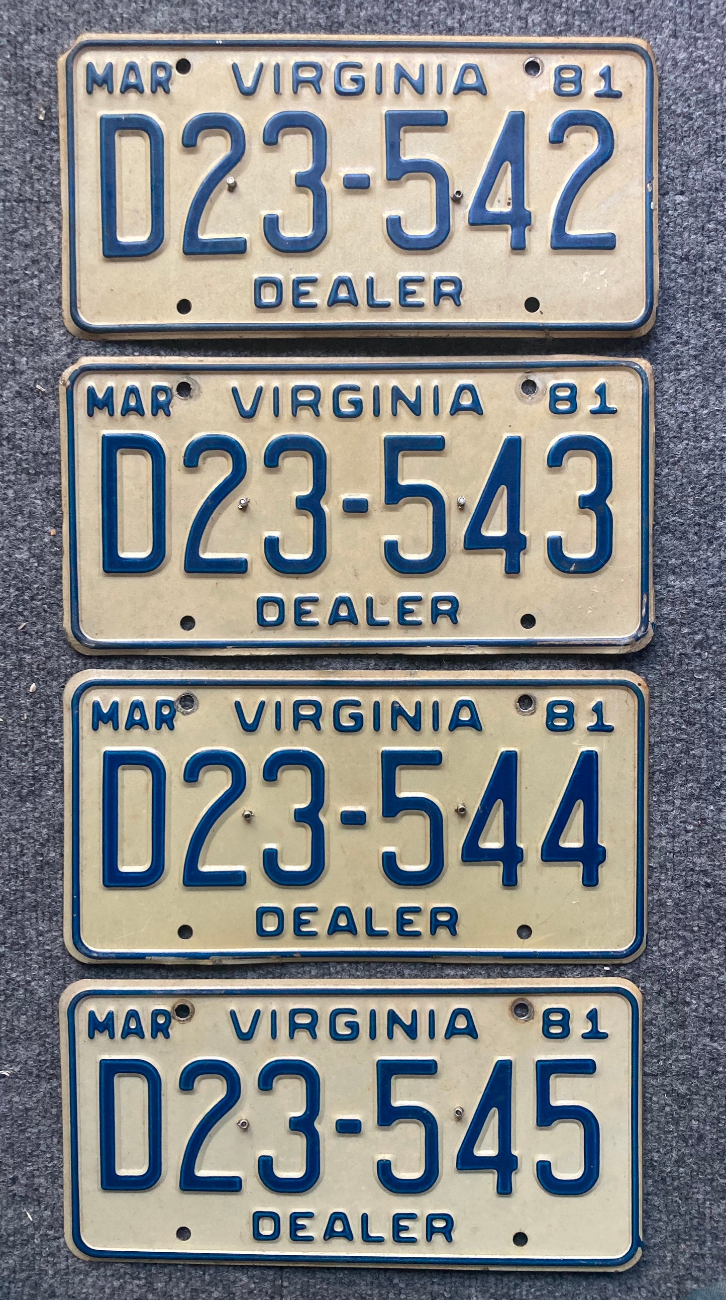 Group of 4 Virginia 1981 DEALER license plates (Crafter)