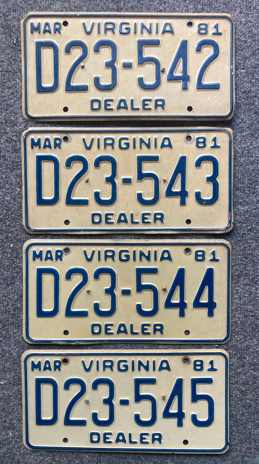 Group of 4 Virginia 1981 DEALER license plates (Crafter)