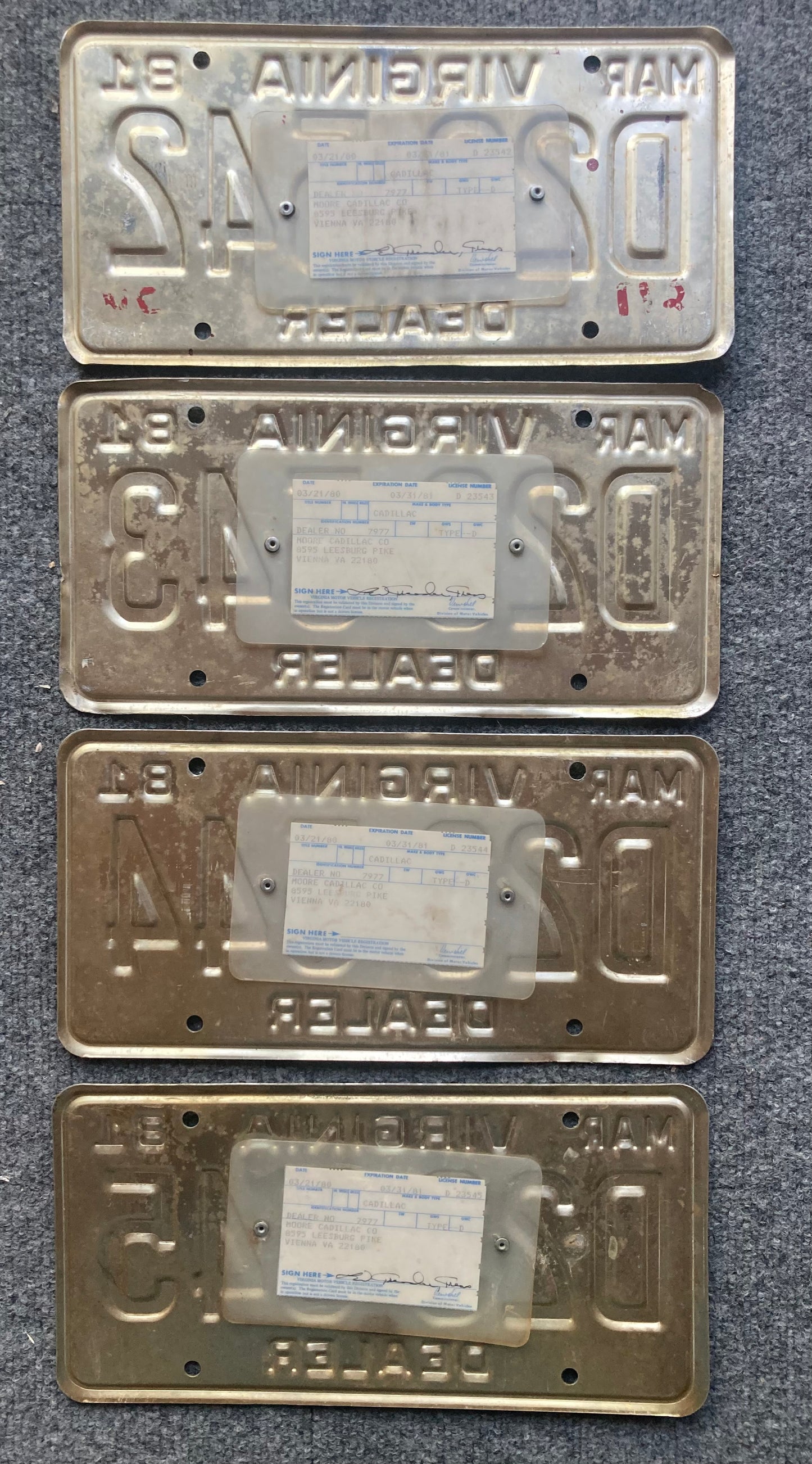 Group of 4 Virginia 1981 DEALER license plates (Crafter)