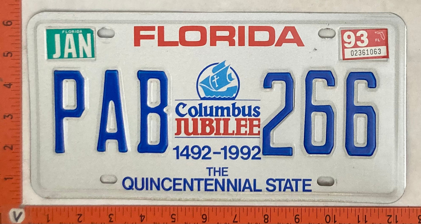 1993 Florida #PAB 266 Passenger License Plate