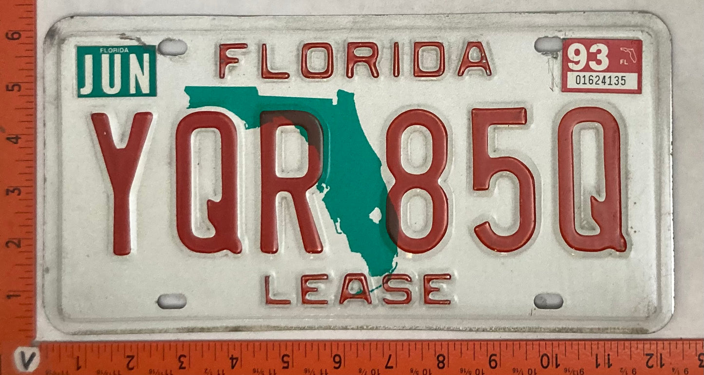 1993 Florida #YQR 85Q Passenger License Plate