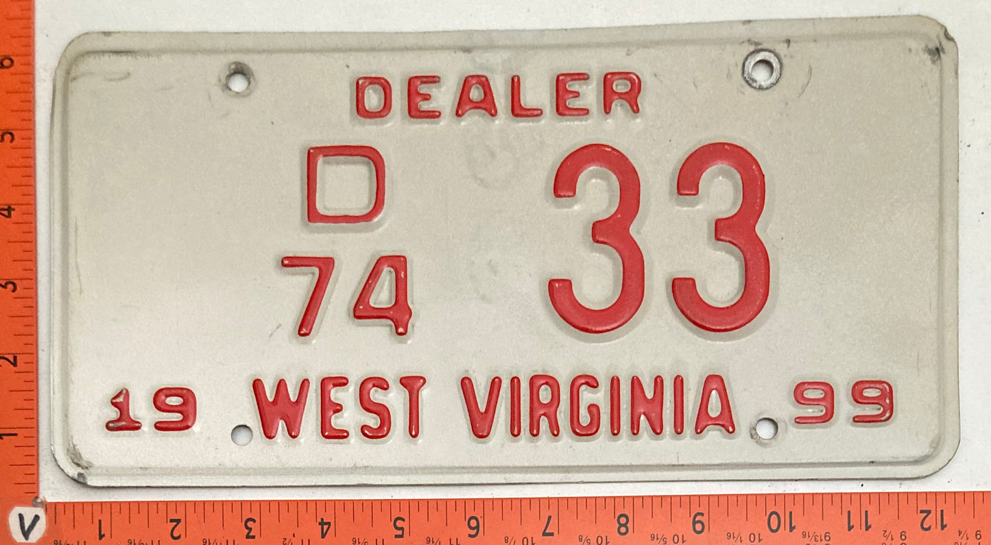 1999 West Virginia #D/74 33 Dealer License Plate