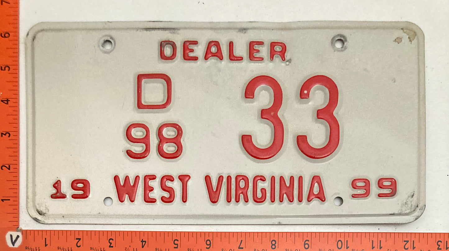1999 West Virginia #D/98 33 Dealer License Plate