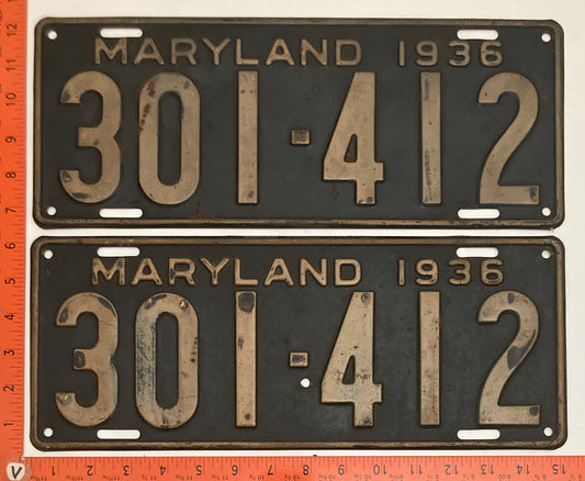 1936 Maryland #301-412 Passenger License Plate PAIR