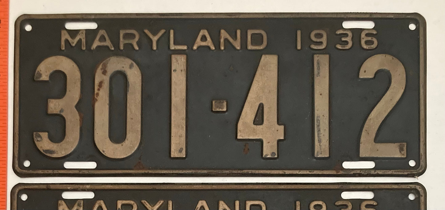 1936 Maryland #301-412 Passenger License Plate PAIR