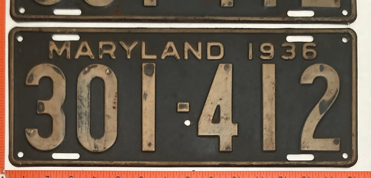 1936 Maryland #301-412 Passenger License Plate PAIR