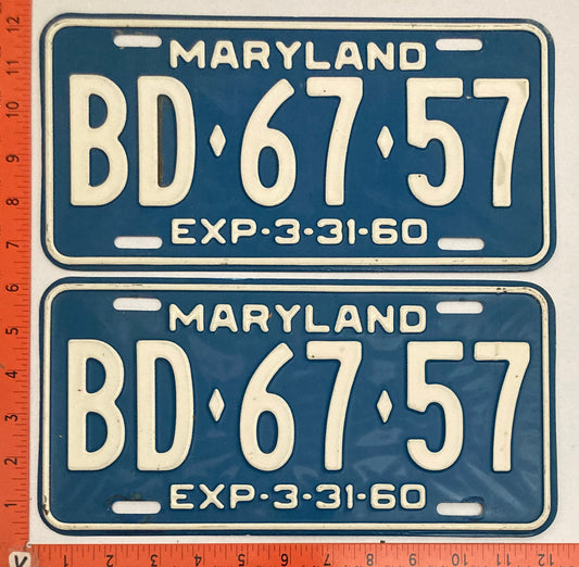 1960 Maryland #BD-67-57 Passenger License Plate PAIR