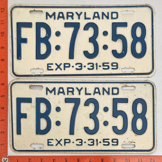 1959 Maryland #FB:73:58 Passenger License Plate PAIR