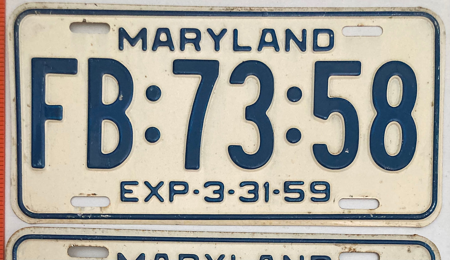 1959 Maryland #FB:73:58 Passenger License Plate PAIR
