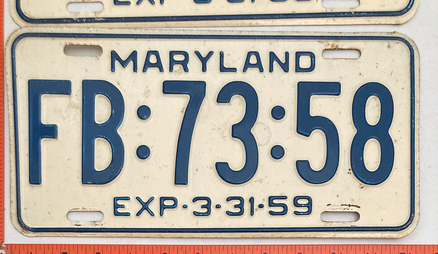 1959 Maryland #FB:73:58 Passenger License Plate PAIR