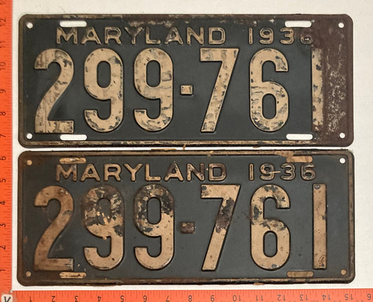1936 Maryland #299-761 Passenger License Plate PAIR with envelope
