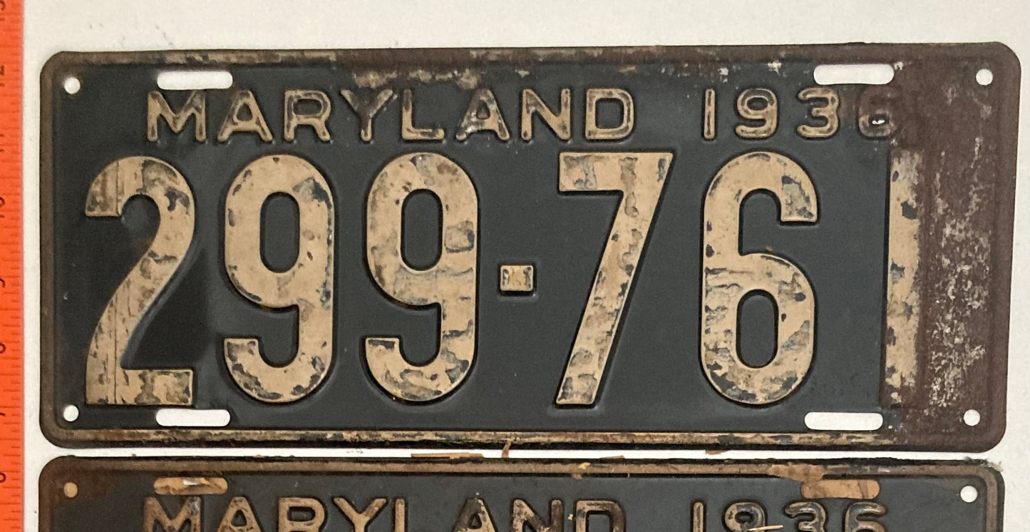 1936 Maryland #299-761 Passenger License Plate PAIR with envelope