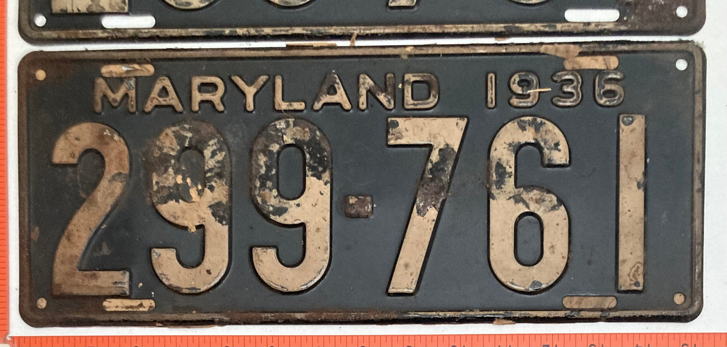 1936 Maryland #299-761 Passenger License Plate PAIR with envelope