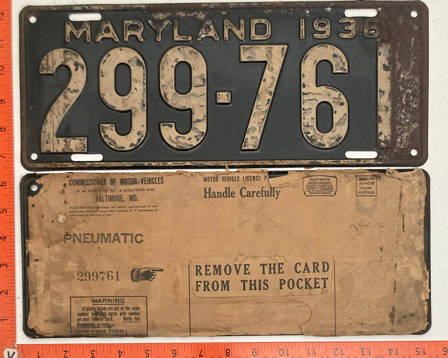 1936 Maryland #299-761 Passenger License Plate PAIR with envelope