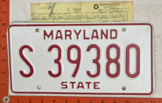 Undated Maryland #S 39380 State License Plate (w/Registration)