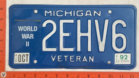 1992 Michigan #2EHV6 WWII Veteran Passenger License Plate