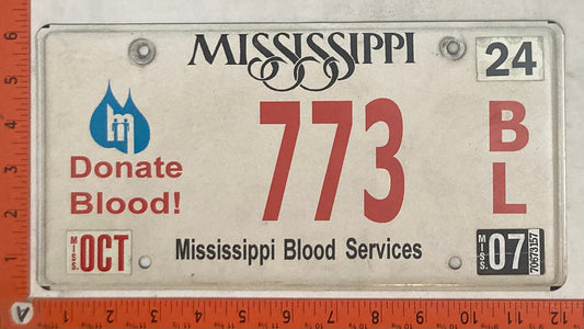 2007 Mississippi #773 B/L Passenger License Plate