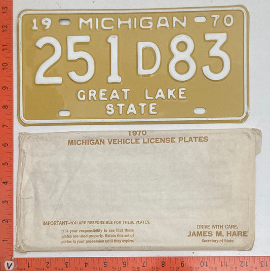 1970 Michigan #251D83 DEALER License Plate with original envelope