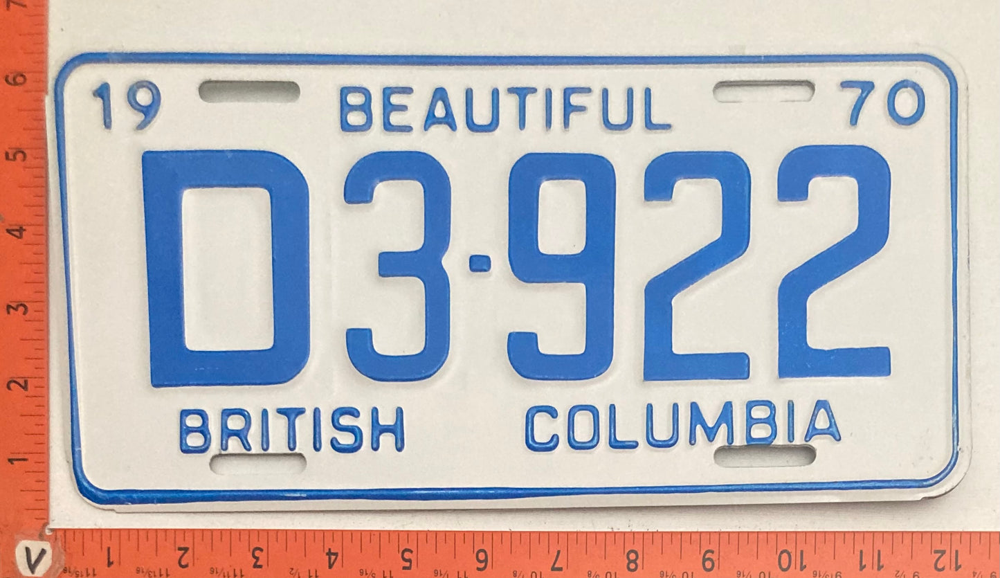 1970 British Columbia #D3-922 DEALER License Plate