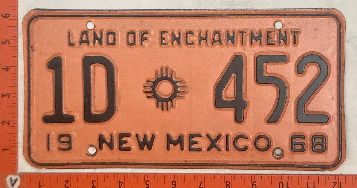 1968 New Mexico #1D 452 Passenger License Plate