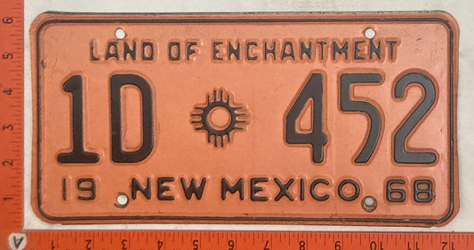 1968 New Mexico #1D 452 Passenger License Plate