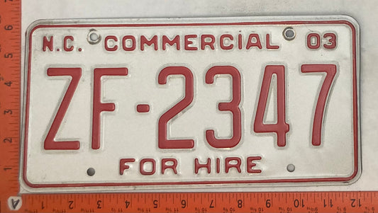 2003 North Carolina #ZF-2347 Commercial For Hire License Plate