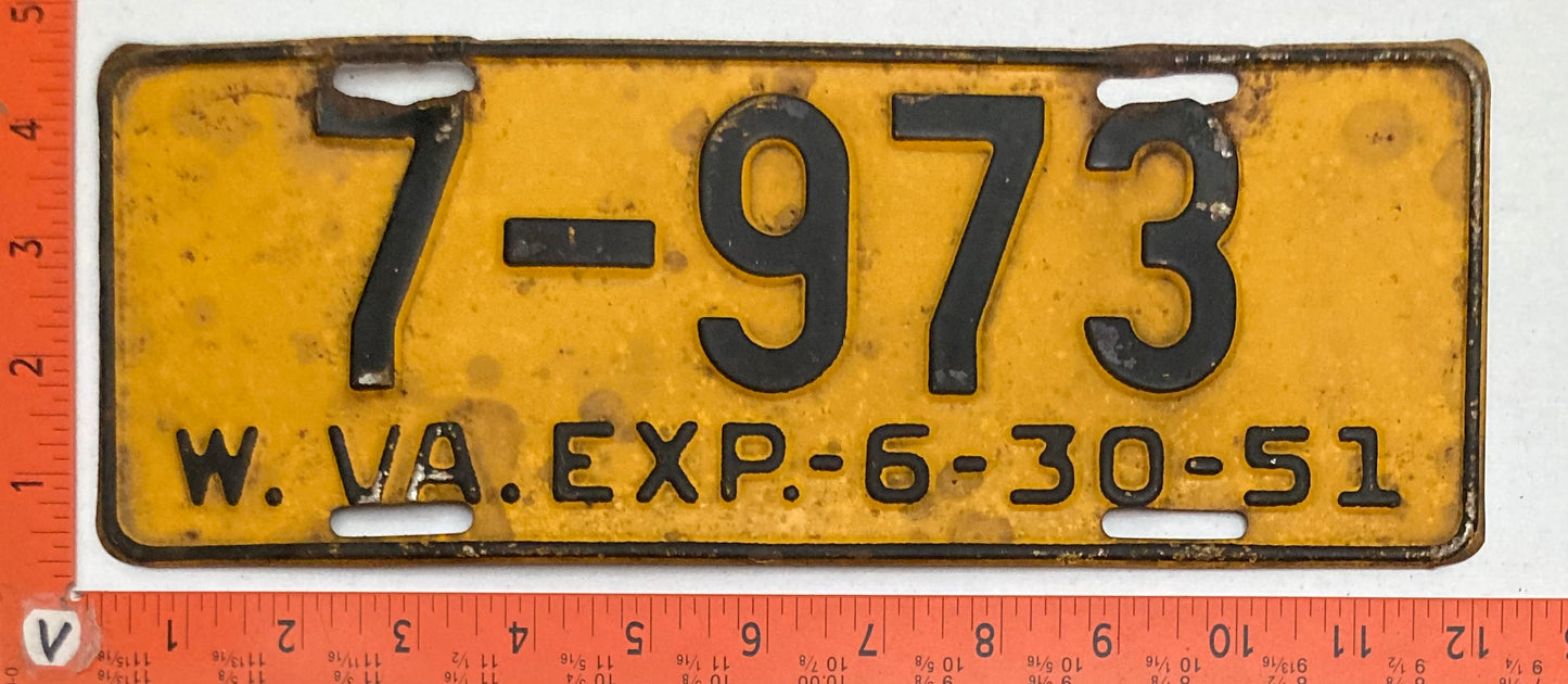 1951 West Virginia #7-973 Passenger License Plate