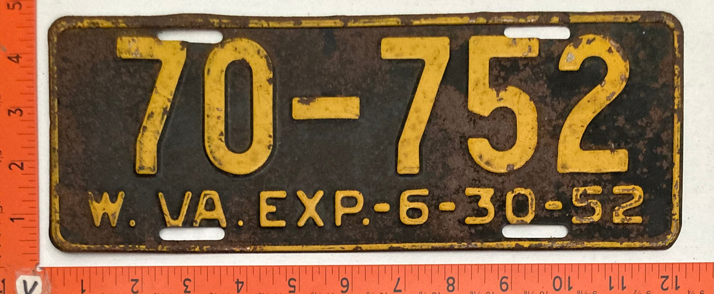 1952 West Virginia #70-752 Passenger License Plate