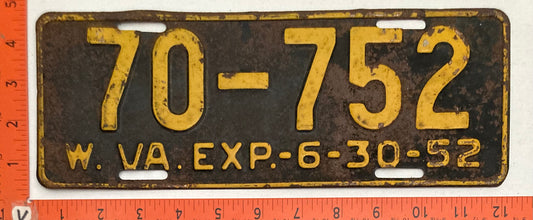 1952 West Virginia #70-752 Passenger License Plate
