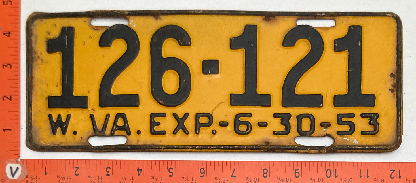 1953 West Virginia #126-121 Passenger License Plate