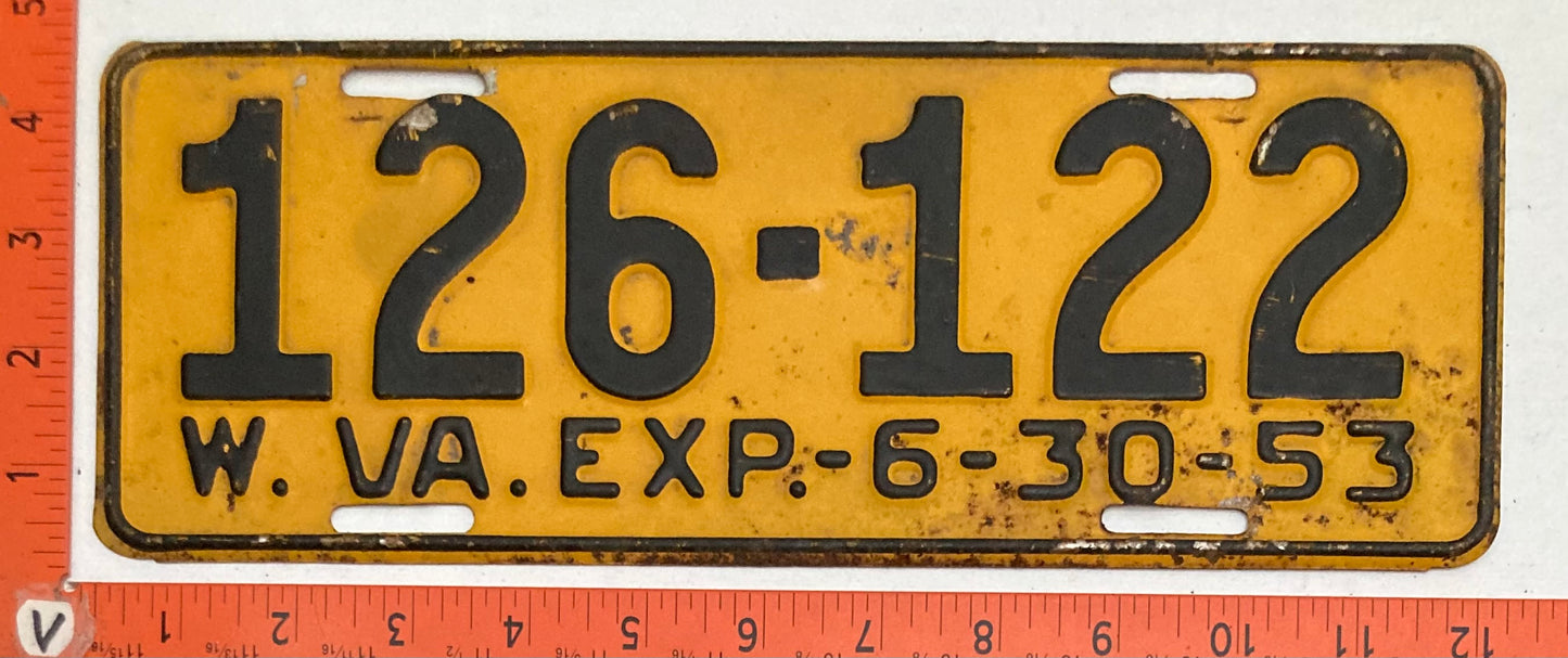 1953 West Virginia #126-122 Passenger License Plate