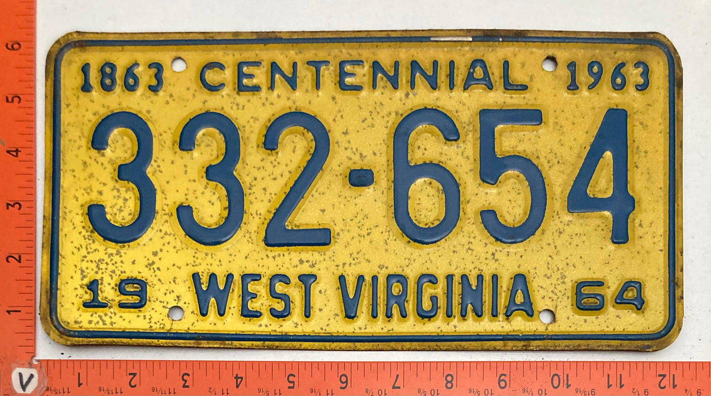 1964 West Virginia #332-654 Passenger License Plate