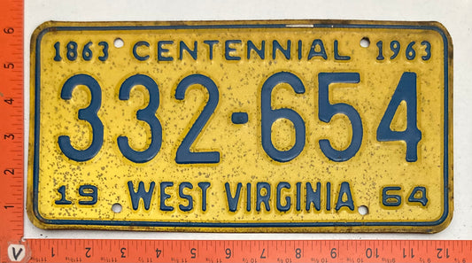 1964 West Virginia #332-654 Passenger License Plate