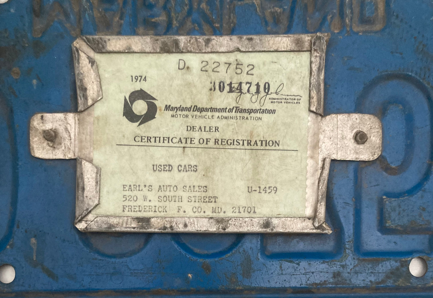1975 Maryland #D 22752 Dealer License Plate