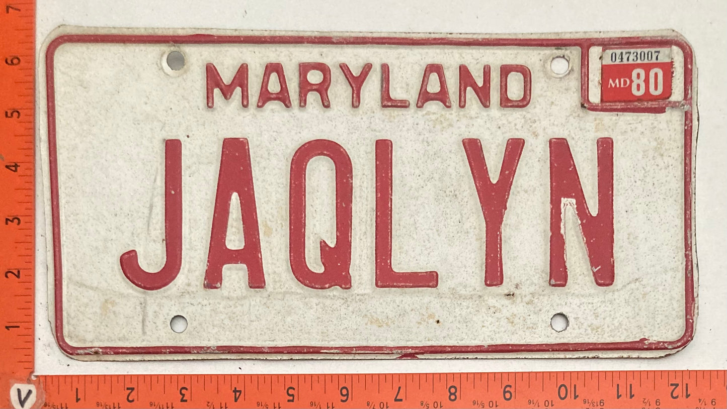1980 Maryland #JAQLYN Vanity License Plate
