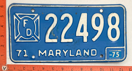 1975 Maryland #22498 Fire Department Passenger License Plate