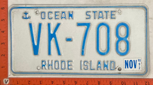 1992 Rhode Island #VK-708 Passenger License Plate