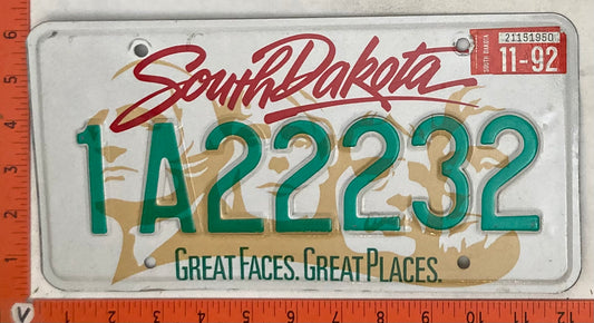 1992 South Dakota #1A22232 Passenger License Plate