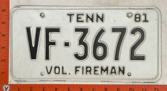 1981 Tennessee #VF-3672 Volunteer Fireman Passenger License Plate