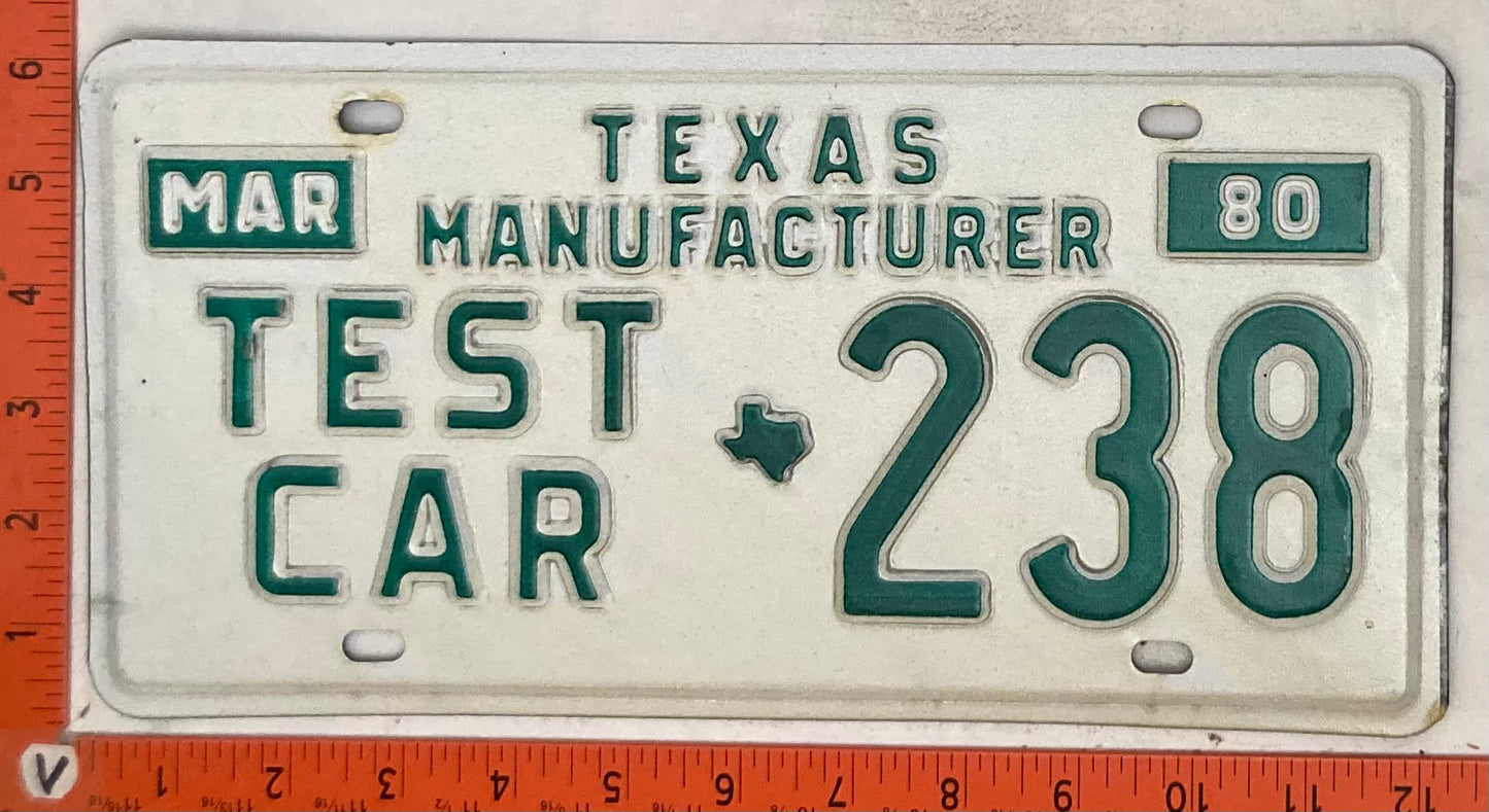 1980 Texas #238 Test Car Manufacturer License Plate