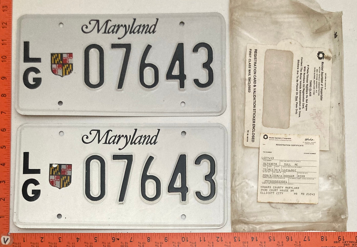 Undated Maryland #L/G 07643 Local Government License Plate