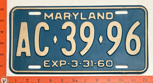 1960 Maryland #AC-39-96 Passenger License Plate